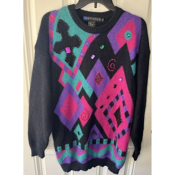 Vintage 1992 IB Diffusion Artsy Embellished Jeweled Geometric Sweater Medium - Picture 2 of 6